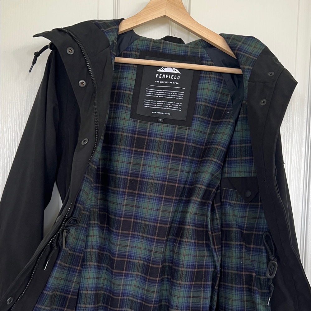 Penfield Dark Hooded Coat with Plaid Lining